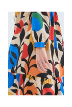 Midi Flared Dress with Long Sleeves and Leaf Print