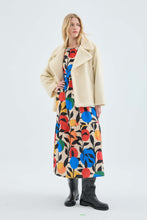 Midi Flared Dress with Long Sleeves and Leaf Print