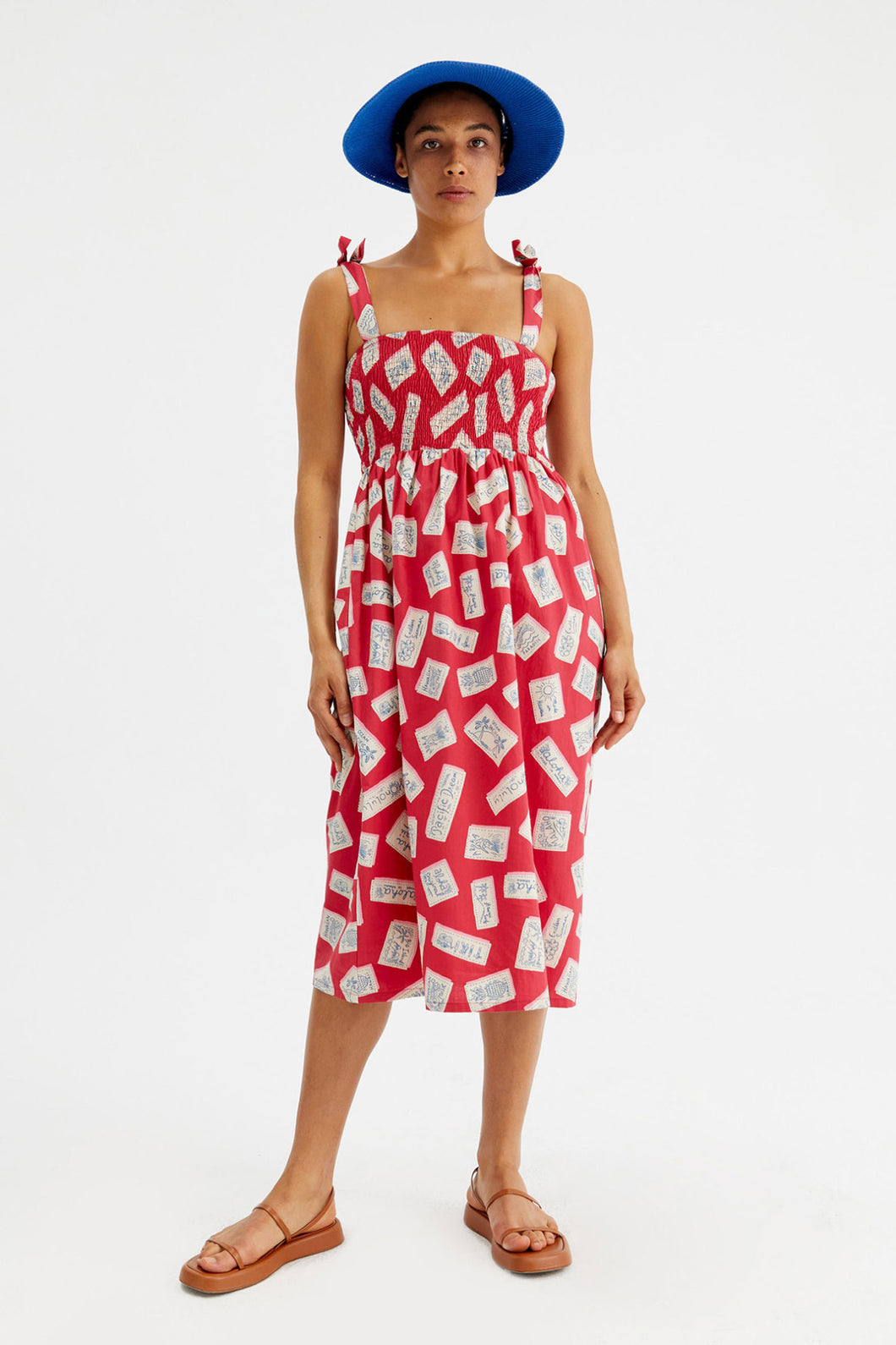 Geometric Print Midi Strappy Dress with Bow