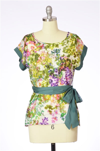 Impressionist Floral Print Lightweight Woven Top Green Trim