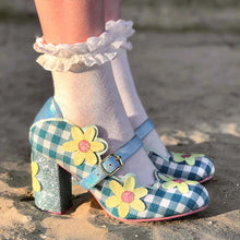Daisy Dancer Party Heels Mary Jane Shoes in Blue White Gingham Yellow Flower