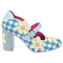 Daisy Dancer Party Heels Mary Jane Shoes in Blue White Gingham Yellow Flower