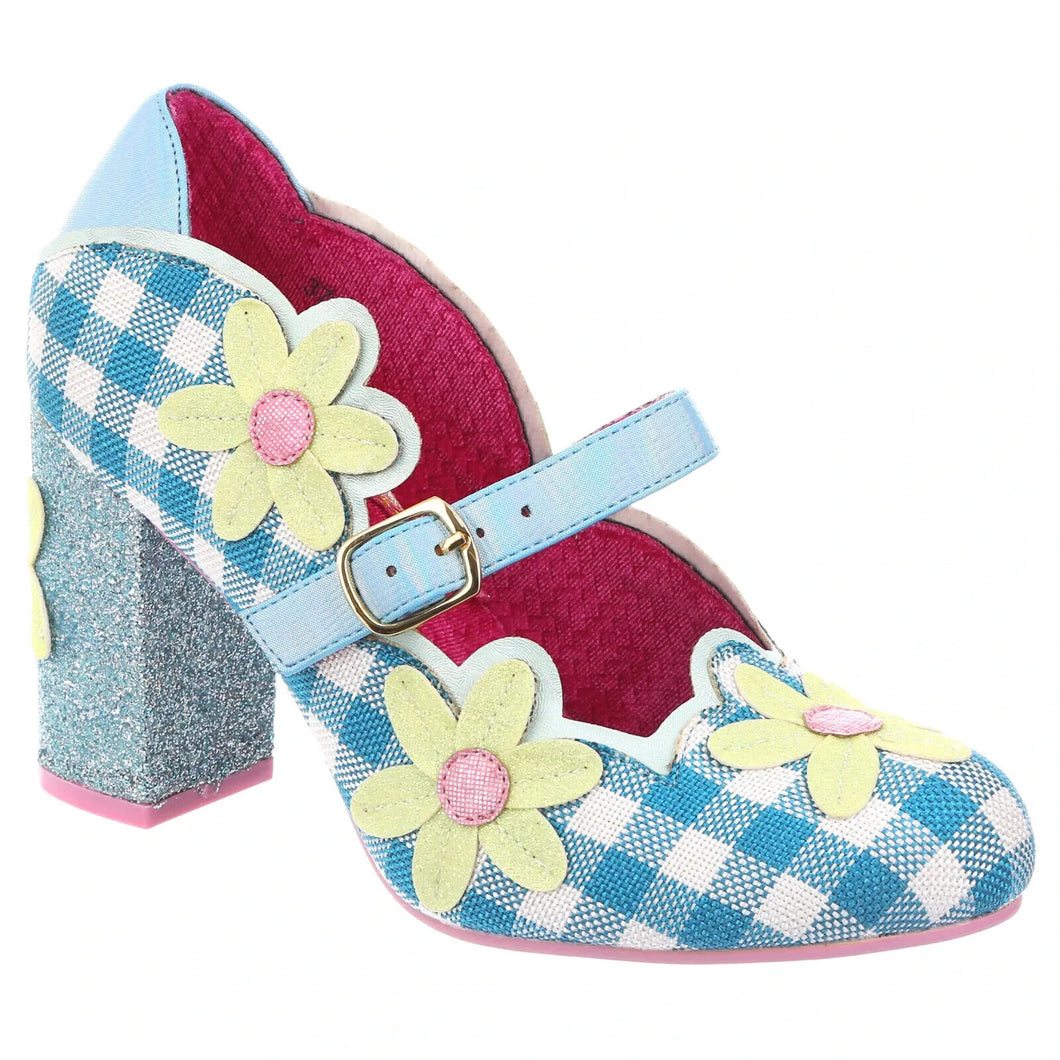 Daisy Dancer Party Heels Mary Jane Shoes in Blue White Gingham Yellow Flower