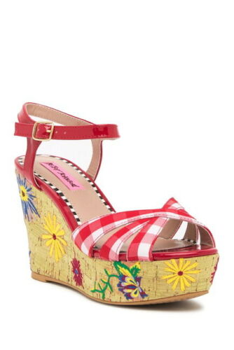 Traci Platform Wedge Sandals Red Multi Gingham Floral