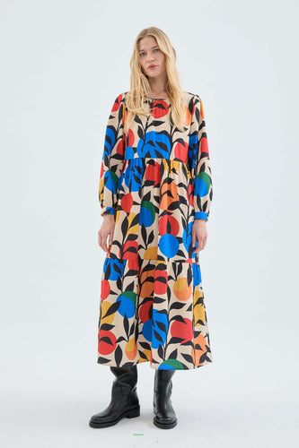 Midi Flared Dress with Long Sleeves and Leaf Print