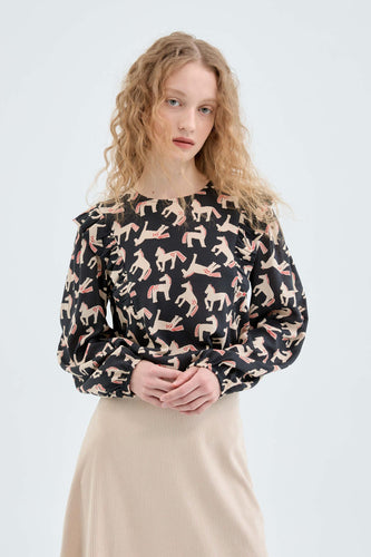Long-sleeved Top with Ruffles and Horse Print