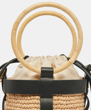 Shaena Top Handle Bucket Bag in Black Natural Raffia