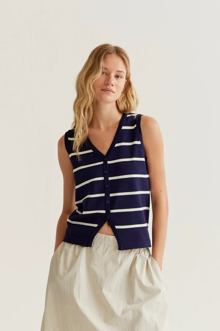 Knitted Vest with Navy and White Stripes