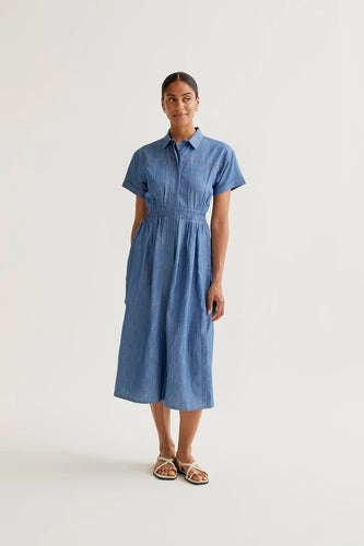 Light Blue Chambray 100% Cotton Midi Dress with Short Sleeves