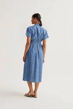 Light Blue Chambray 100% Cotton Midi Dress with Short Sleeves
