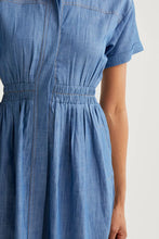 Light Blue Chambray 100% Cotton Midi Dress with Short Sleeves