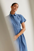 Light Blue Chambray 100% Cotton Midi Dress with Short Sleeves