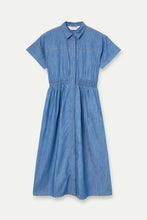 Light Blue Chambray 100% Cotton Midi Dress with Short Sleeves
