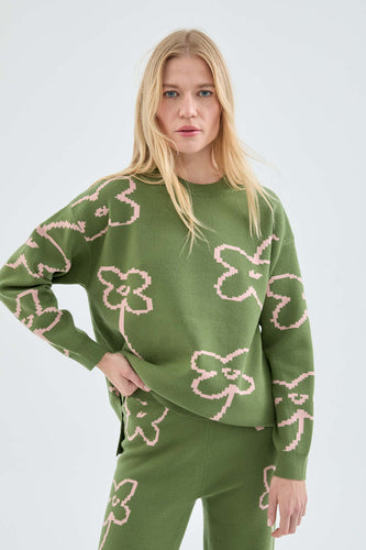 Knit Sweater with Flower Print
