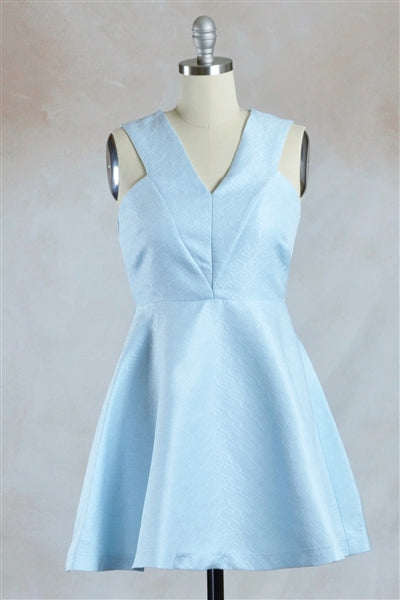 Sleeveless Jacquard Fit and Flare Mini Dress in Powder Blue Sleeveless Jacquard Fit and Flare Mini Dress in Powder Blue