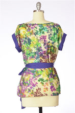 Impressionist Floral Print Lightweight Woven Top Purple Trim