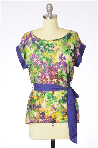 Impressionist Floral Print Lightweight Woven Top Purple Trim