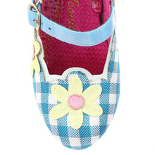 Daisy Dancer Party Heels Mary Jane Shoes in Blue White Gingham Yellow Flower
